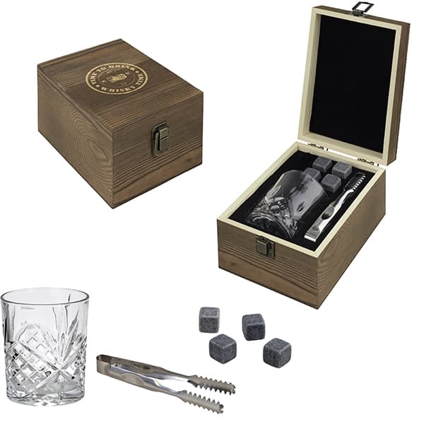 סט וויסקי הכולל כוס , מלקחיים 4 אבנים ופאוץ, ארוזים במארז עץ מהודר 1