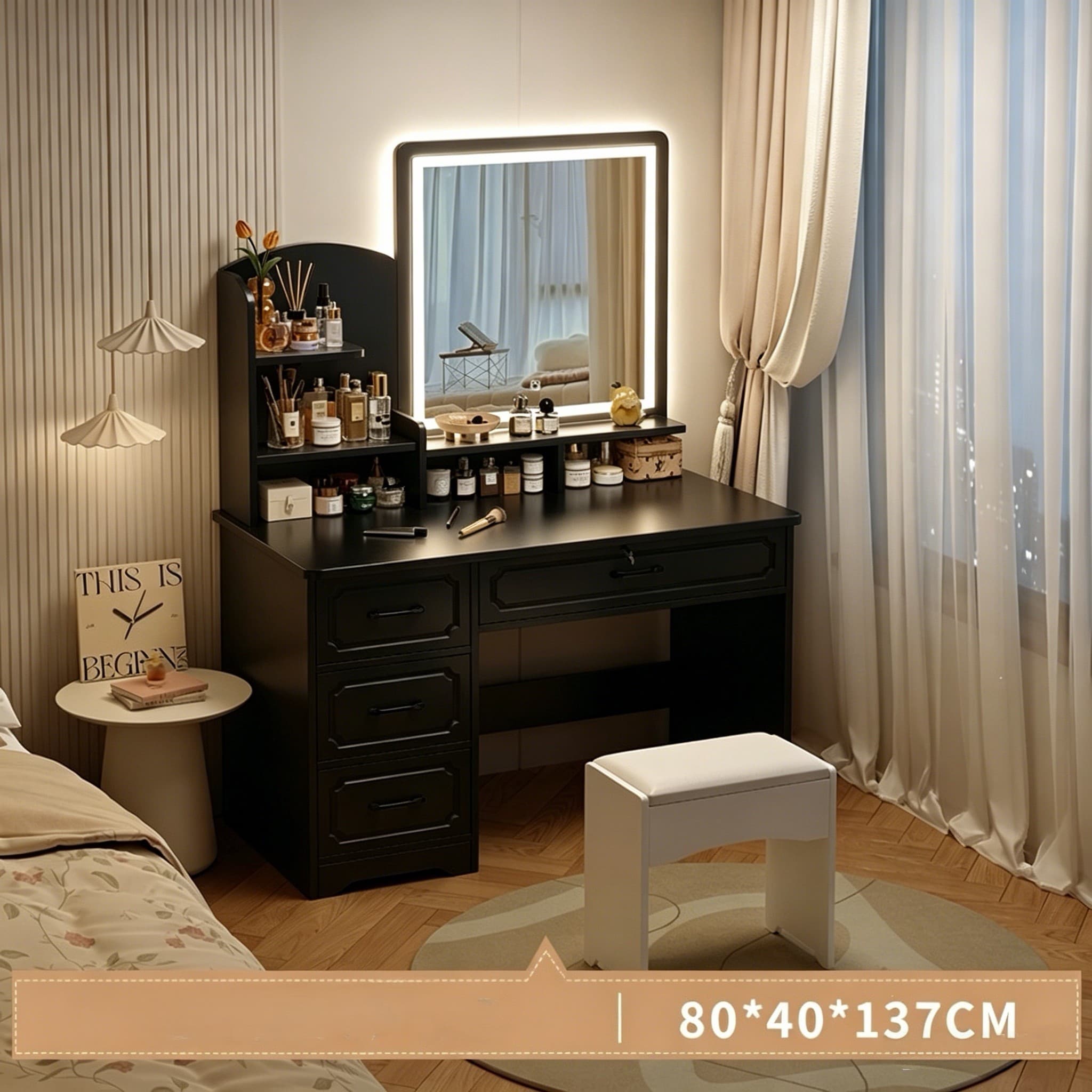 שידת איפור עם מראה כולל תאורת LED רוחב 80 סמ דגם RSM-3010 מבית ROSSO ITALY ישירות מהיבואן צבע שחור 1
