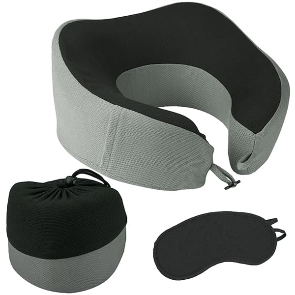 "MEMORY FOAM" כרית לצוואר בגווני אפור/שחור כיסוי לעיניים, מגולגלות בפאוץ נשיאה 1